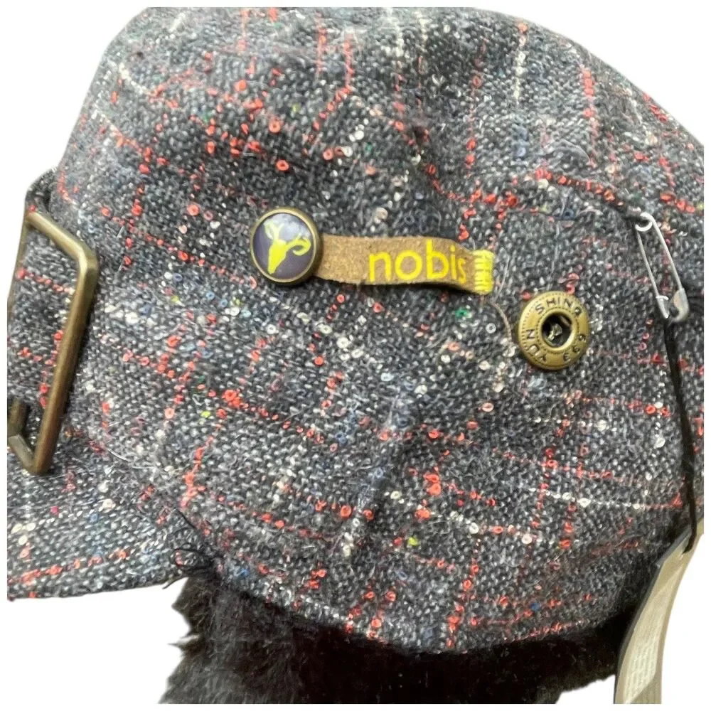 Nobis Plaid Tweed Faux Fur Ear Flaps Trapper Hat Cap Gray Red Winter Warm NWT